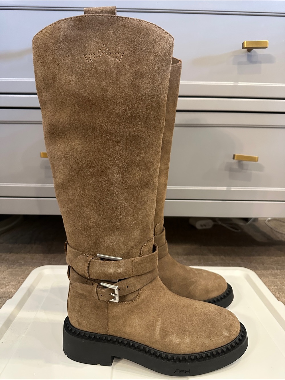 Ash Marin Suede Knee-High Boots in Tan Brown. Anthropology